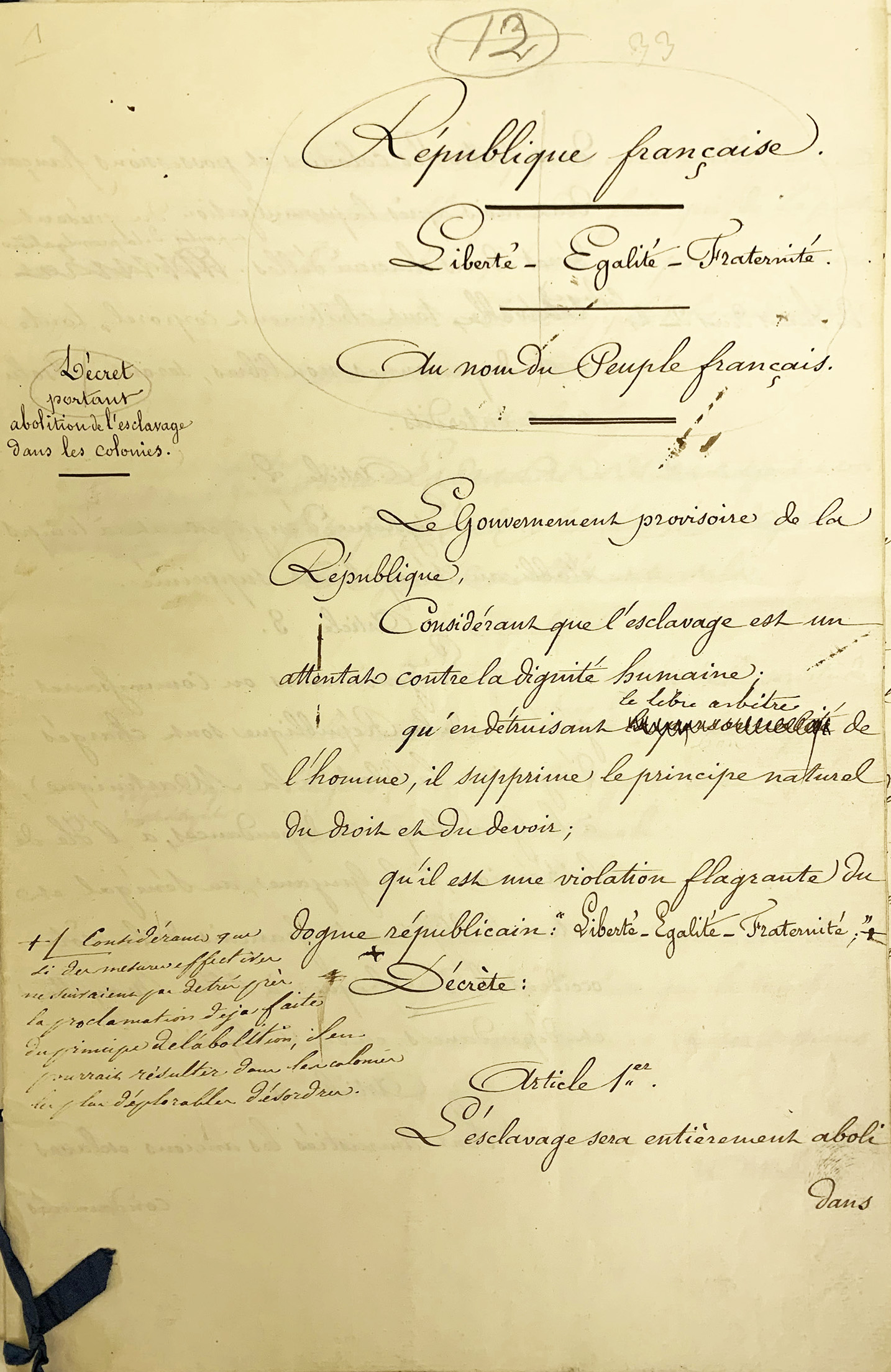 Brouillon du décret d’abolition de l’esclavage annoté par Schoelcher