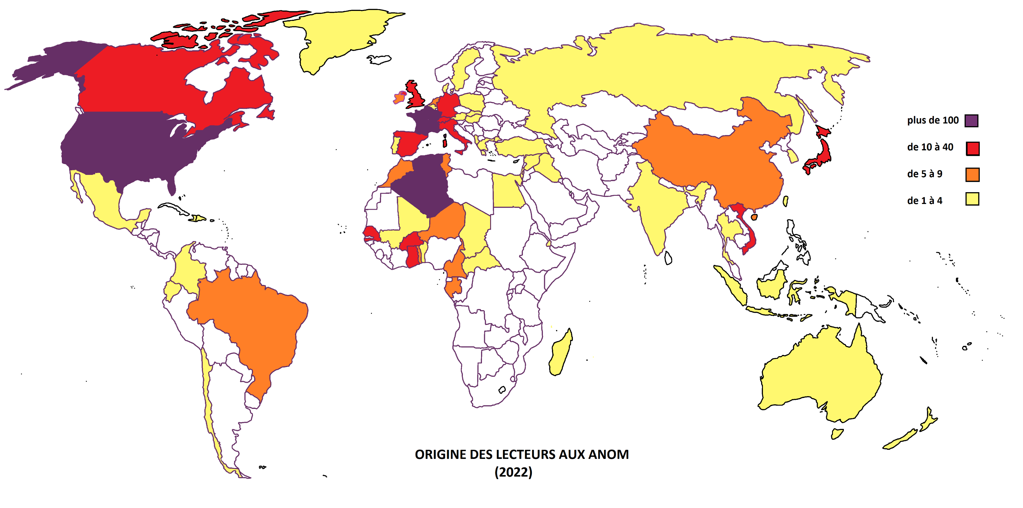Carte des origines des lecteurs aux ANOM en 2022